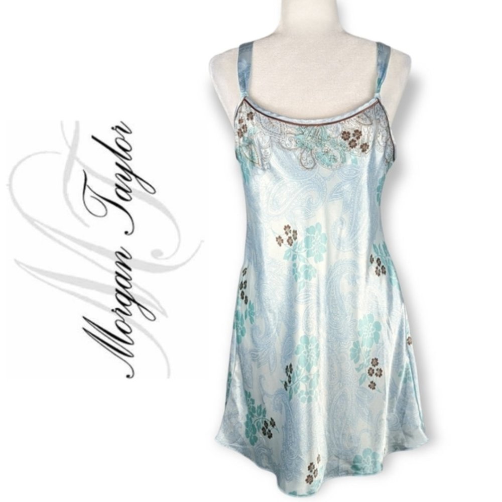 MORGAN TAYLOR Light Blue Satin Slip Dress: Medium